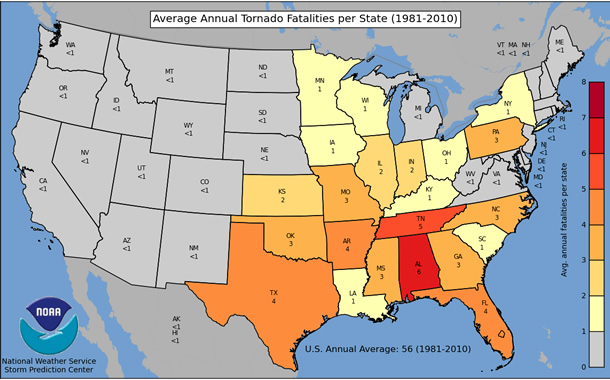 Annual Average Number of Tornado Deaths by State - 30 Year Average