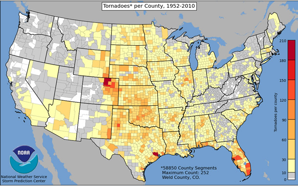 Tornadoes per County (1952-2010)